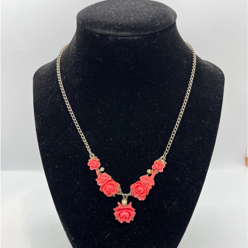 Vintage Celluloid Pink Rose And Faux Pearl Necklace